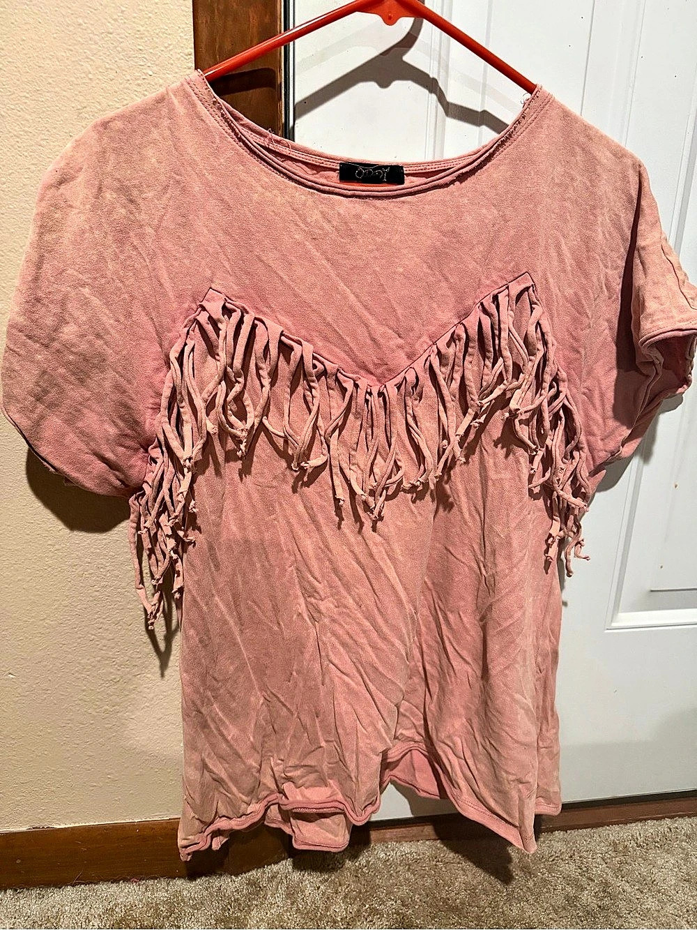 ODDI Fringe Short Sleeve Top in Pink Size Small